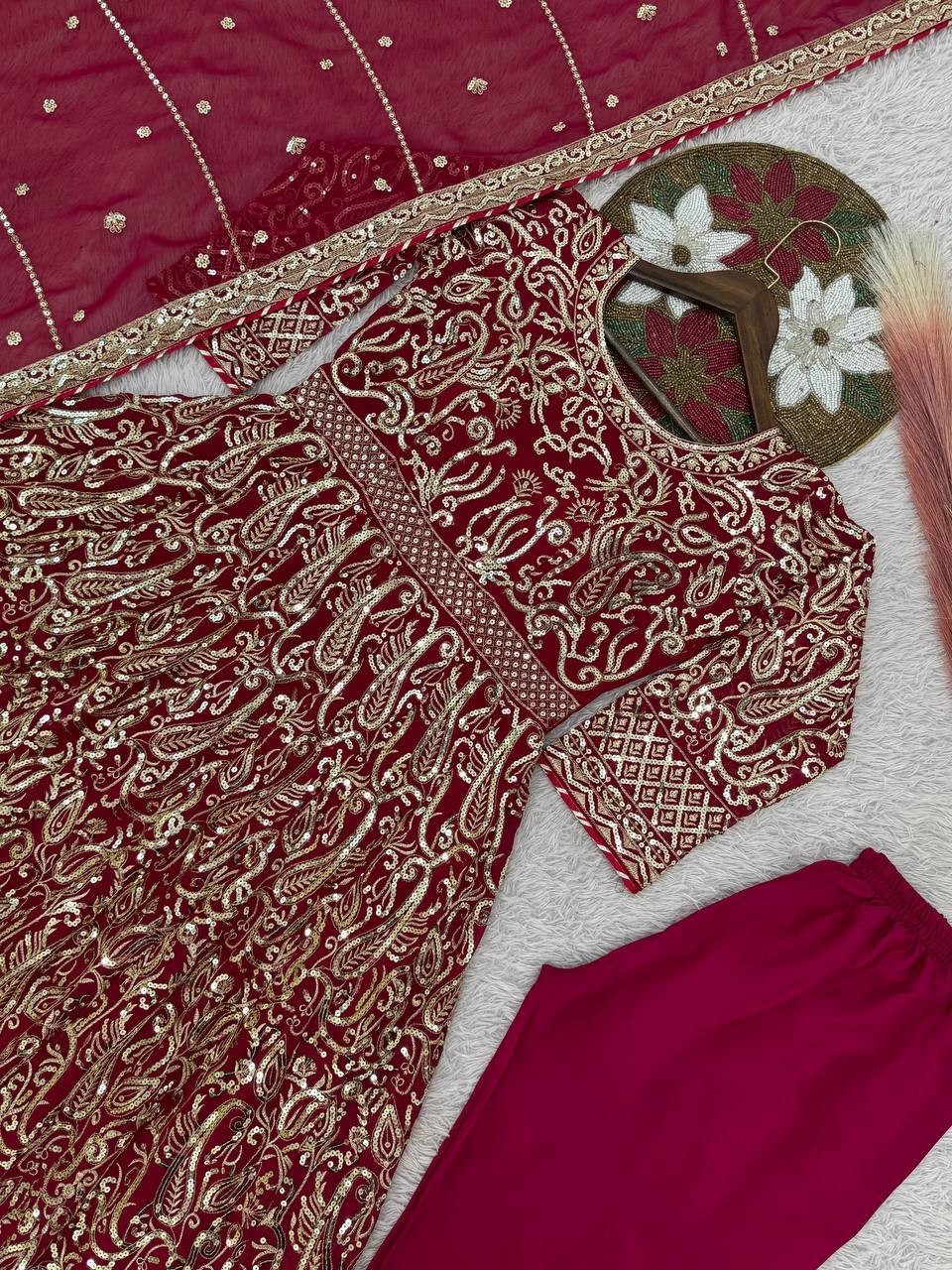 Maroon Anarkali Gown Pakistani Dress Salwar Kameez Ready To Wear Wedding Party L