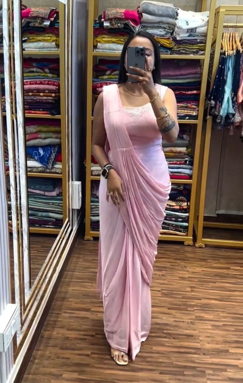 Fancy Designer Chinnon Solid Pre-Draped Saree Stitch Blouse Jacket Belt Set Sari