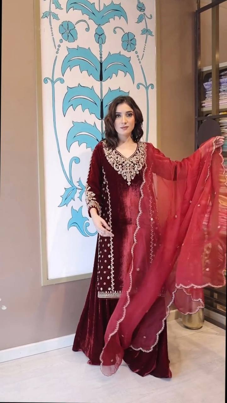 Presenting New Velvet Maroon Top Palazzo With Dupatta For Functional Wear
