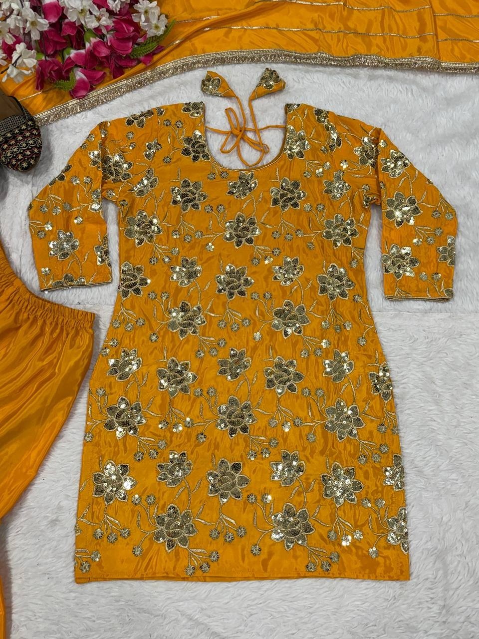 Embroidered Yellow Crepe Kurta Palazzo With Dupatta For Women & Girls