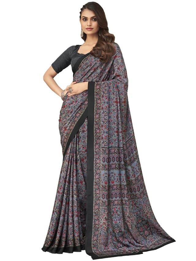Women’s Printed Silk Crepe Saree with Unstitched Blouse Piece