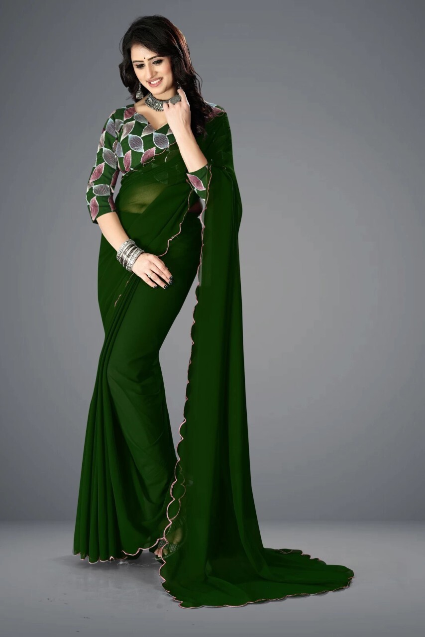 Solid/Plain Bollywood Georgette, Silk Blend Saree (Green)