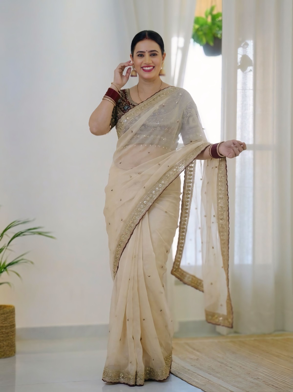 Off White Organza Saree Heavy Embroidered Designer Maroon Blouse Wedding Wear