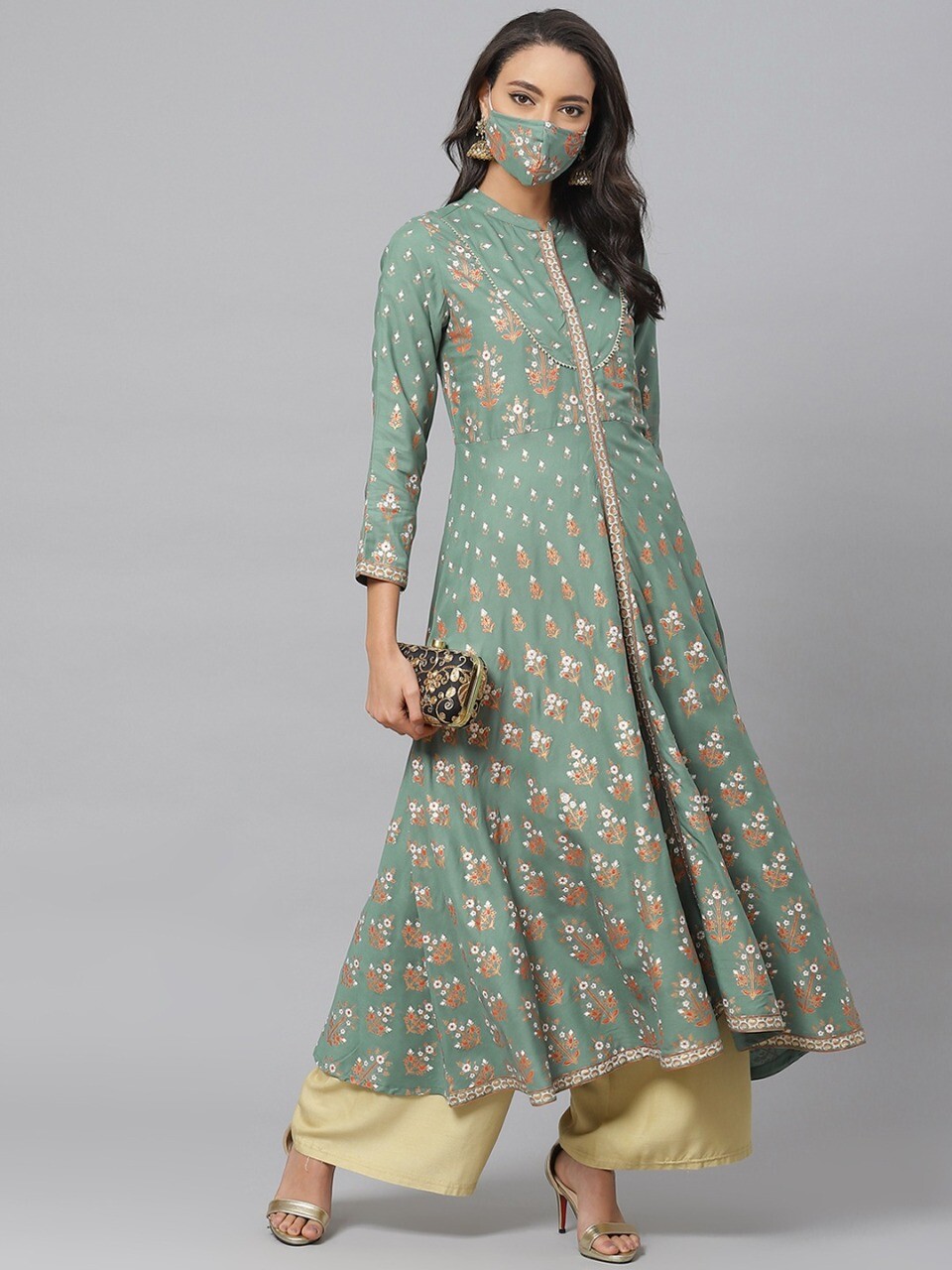 Indian Traditional Women’s Rayon Floral Printed Anarkali Kurta/Kurti Green