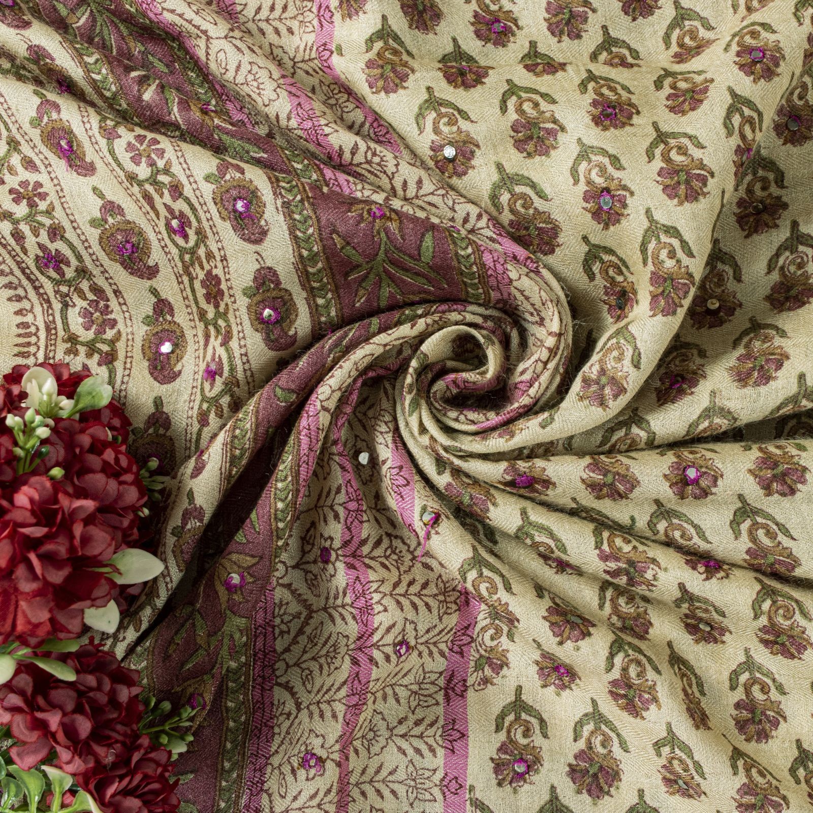 Sanskriti Vintage Saree Cream Pure Woolen Sanganeri Hand Block Print Sari 5.5+Yd