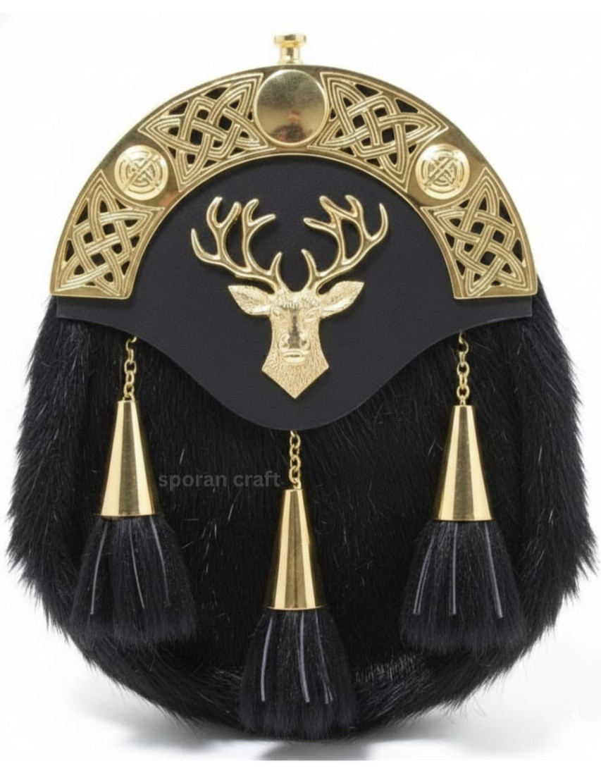 Scottish Black Fur Full Dress Sporran Handmade Leather Back with Gold Cantle