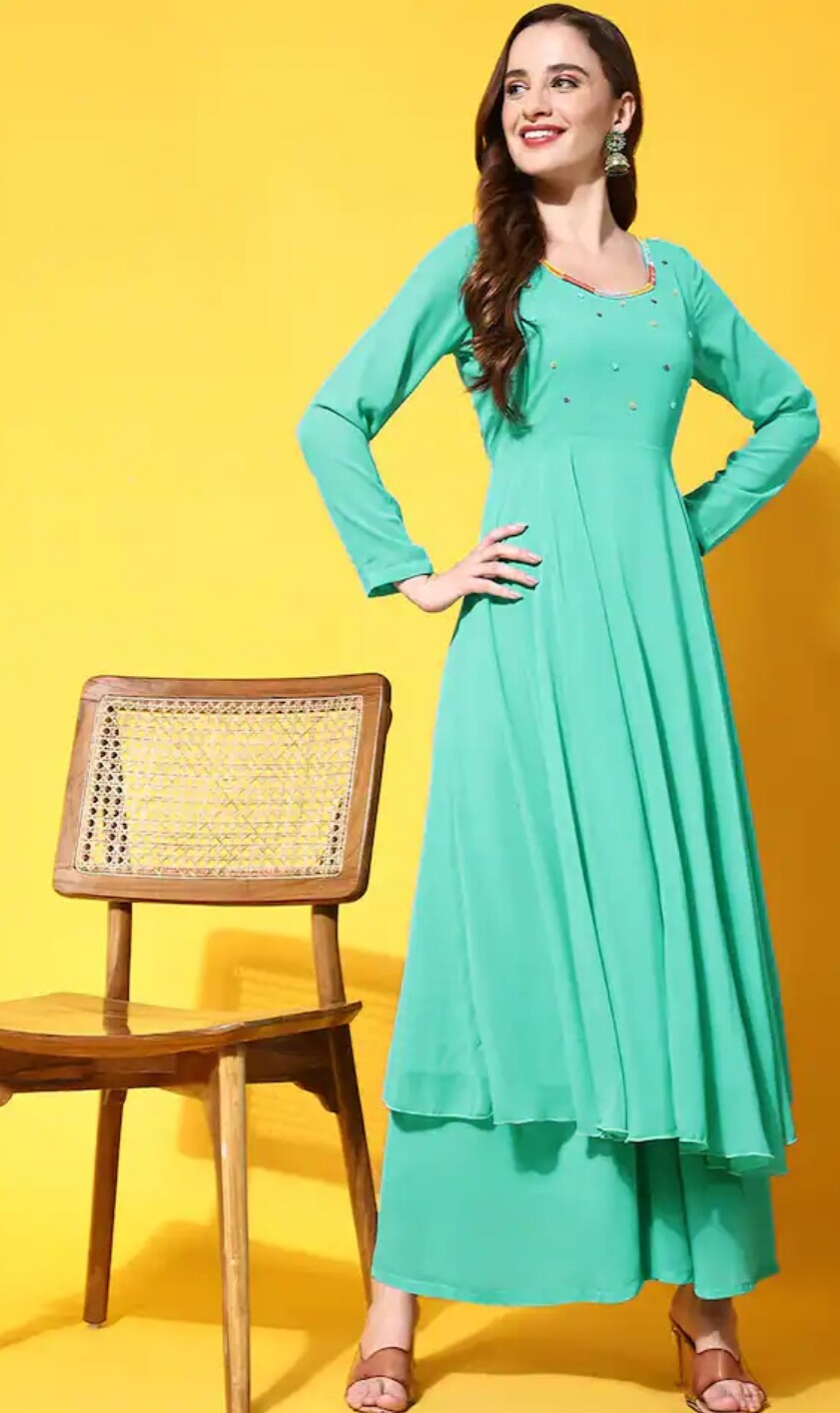 Anarkali Kurta set ; Beads and stone work pleated Anarkali Kurta with Palazzo