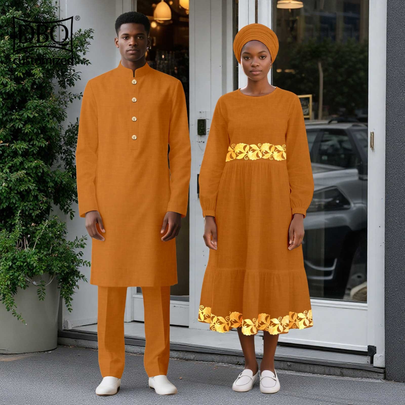 African Wedding Clothes Men Long Jacket Pants Set Women Midi Dress with Headwrap