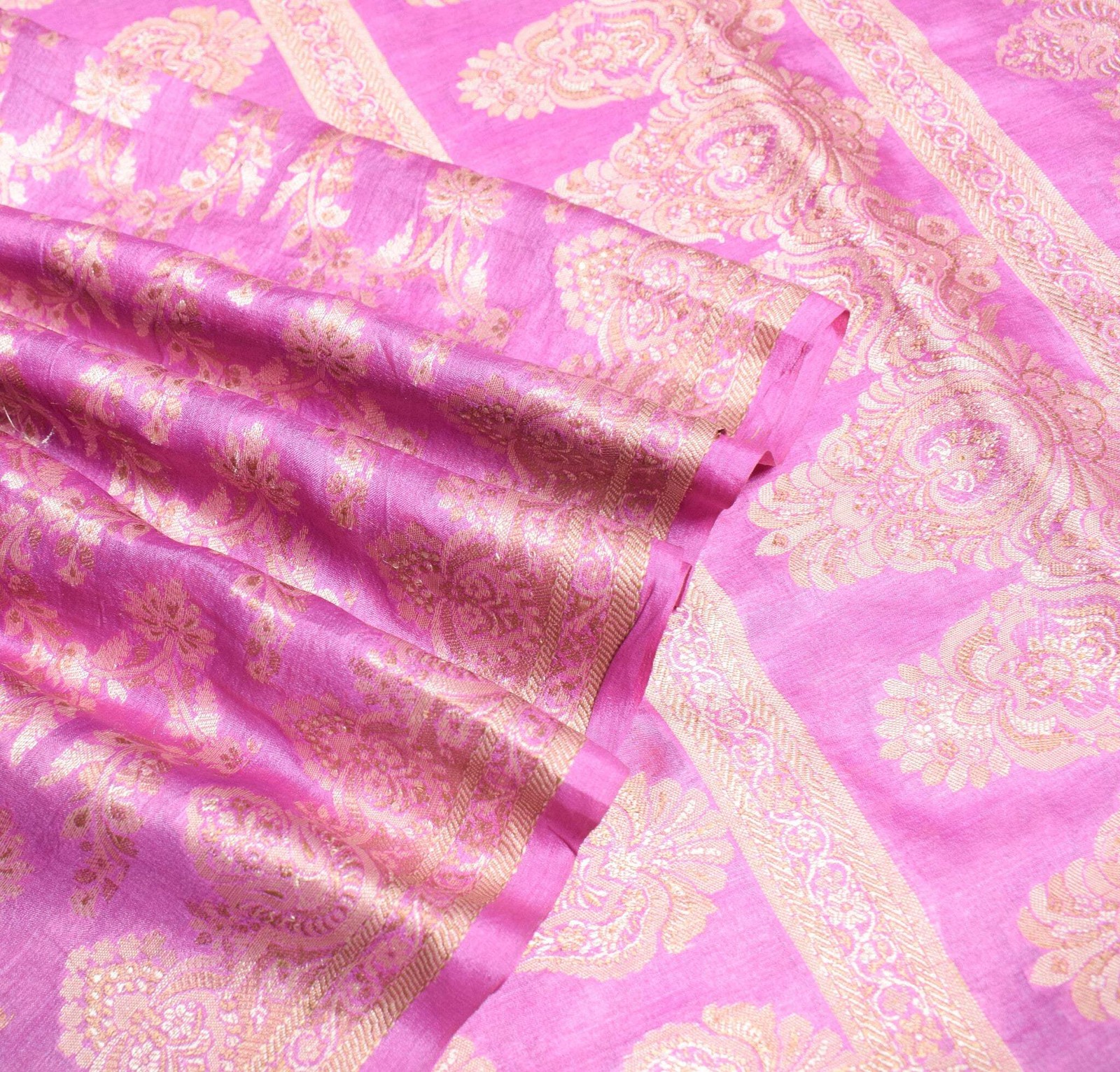 Sushila Vintage Fuchsia Pink Saree Pure Tussar Silk Floral Woven Sari Fabric