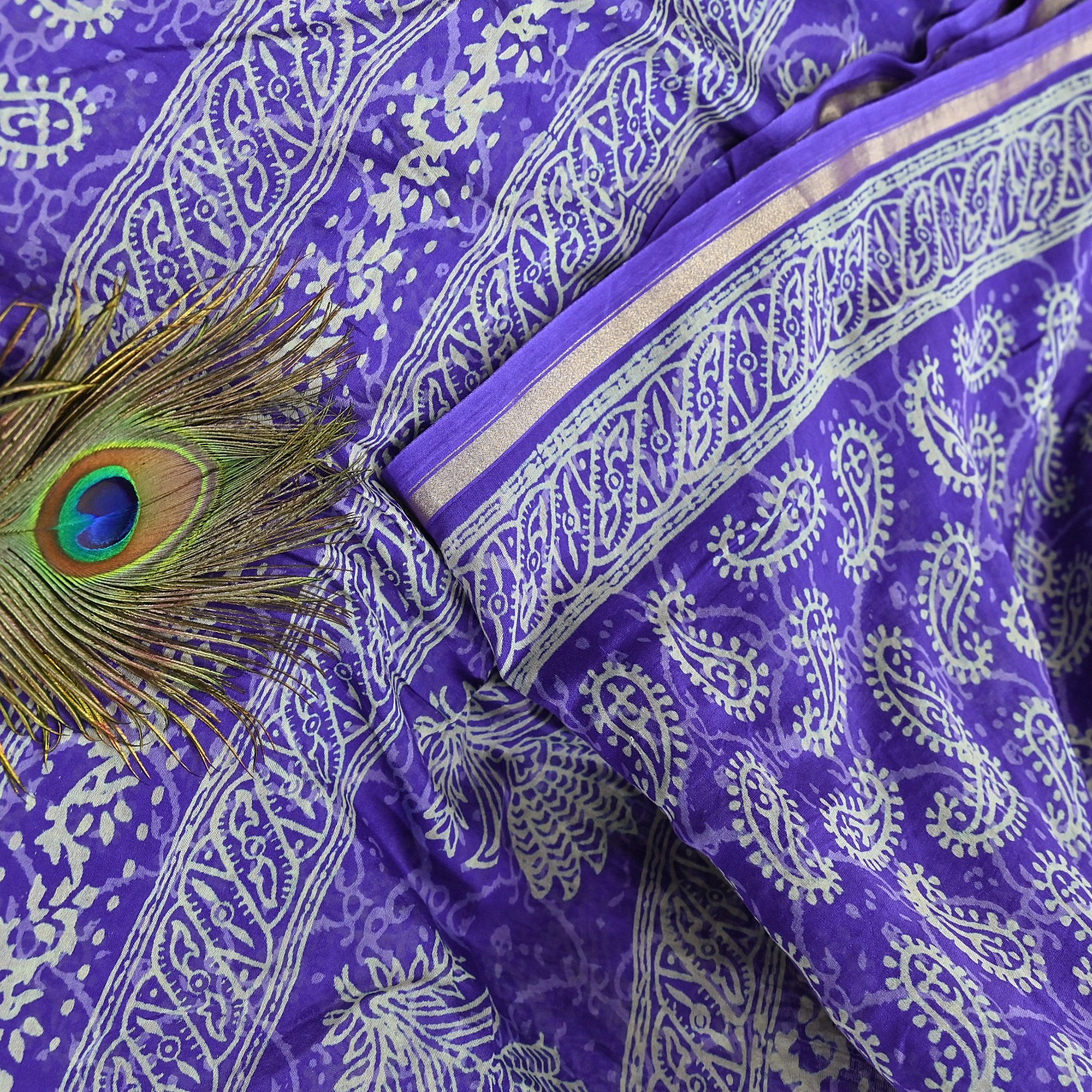 Indian Vintage Saree Purple Bagru Printed Sari Pure Chanderi Silk Sari Fabric 5Y