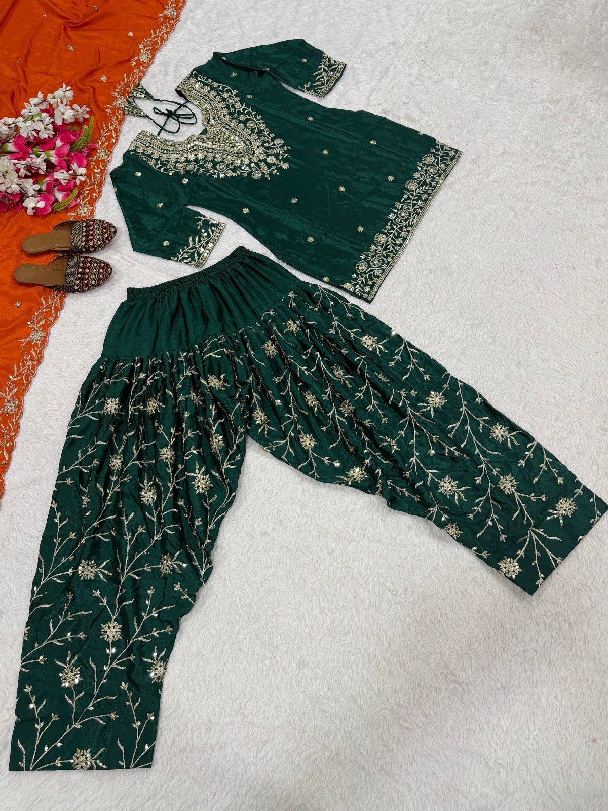 Party Wear Green Heavy Chinon Top Dhoti With Dupatta For Festival Wear