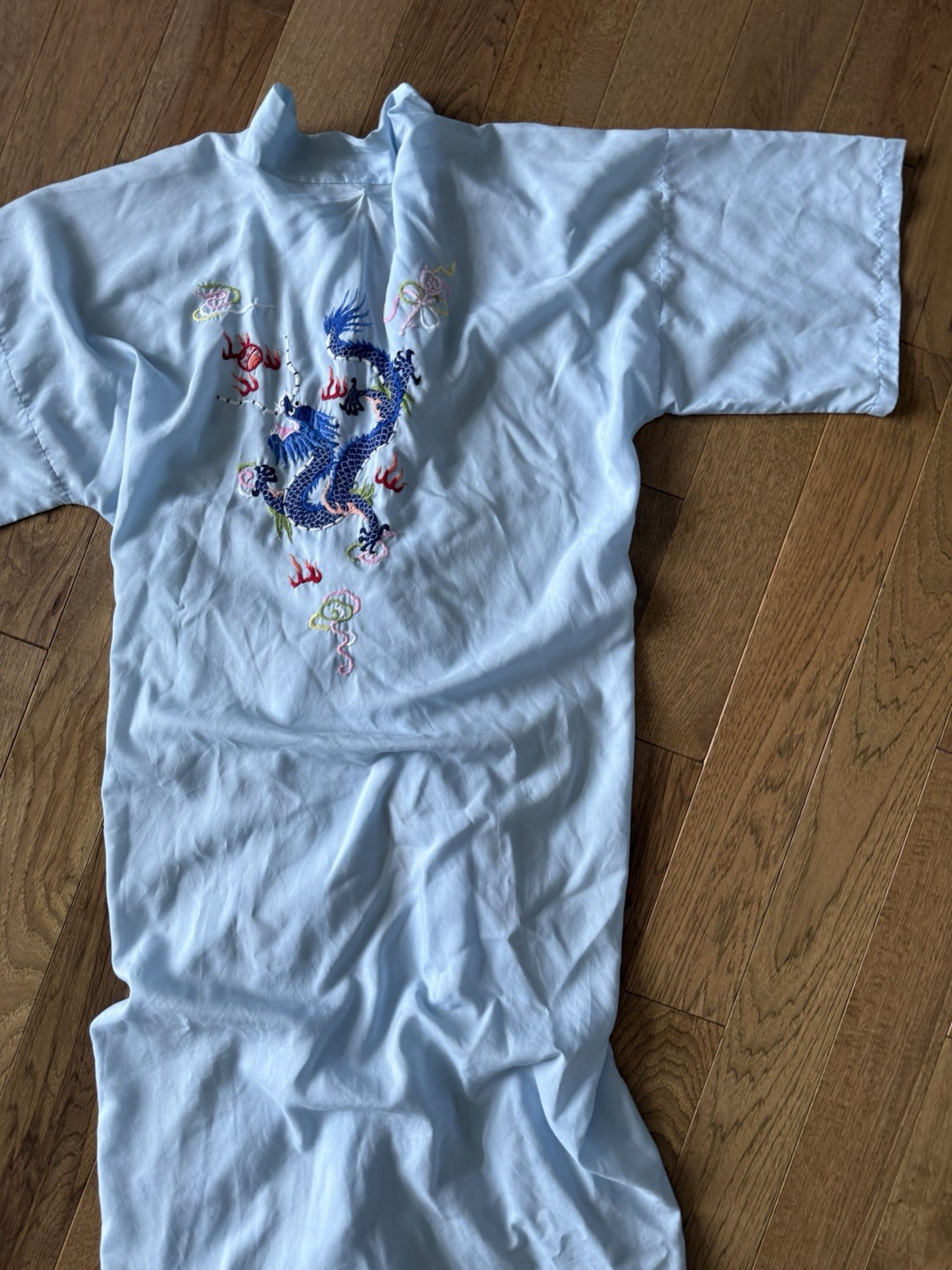 Health Label Vintage 1960s Dragon Asian Light Blue Embroidered Kimono Robe
