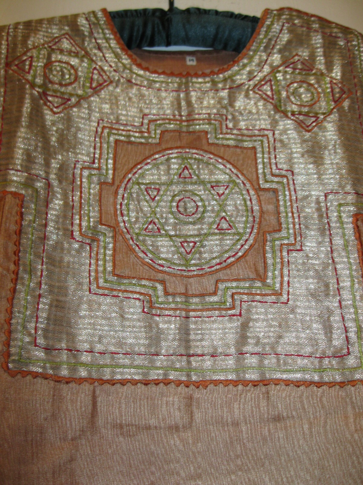 INDIA, SILK GARMENT SZ. M., MANGO COLORED W/ GOLD THREAD FRONT, 3/4 SLEEVES
