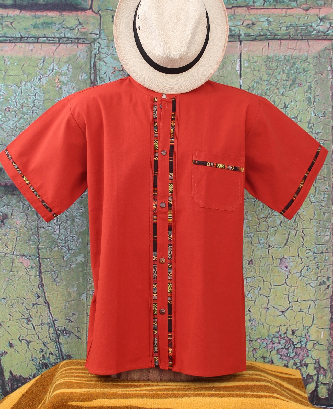 Latin American Men’s Guayabera Shirt Rust Color Mandarin Collar Mexico Sz Medium