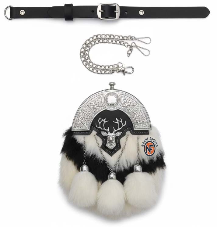 Scottish Full Drees Rabbit Fur Sporran Stag Cantle Kilt Accessory with Shoes