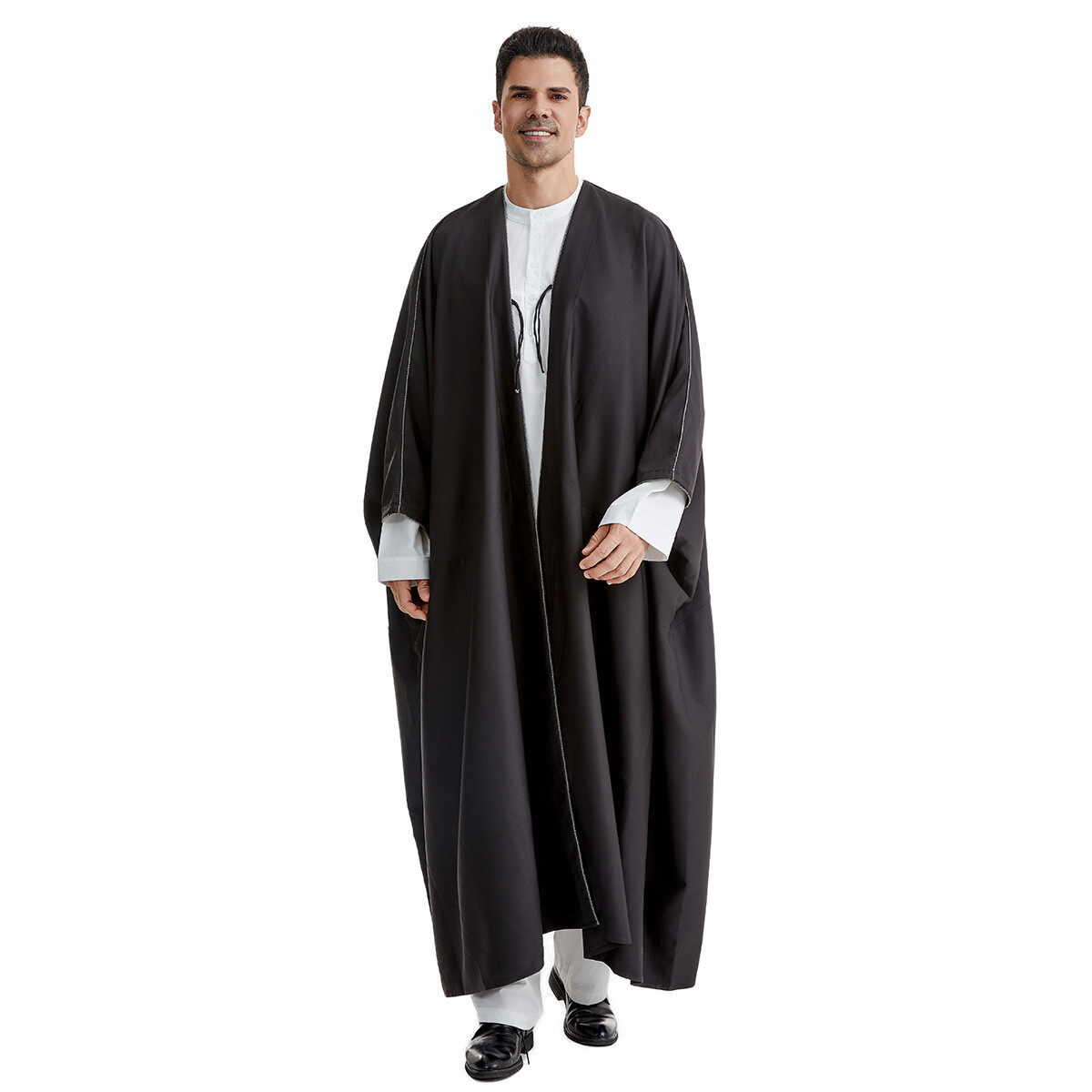 Saudi Arab Men Solid Color Open Kimono Batwing Robe Muslim Abaya Ramadan Prayer