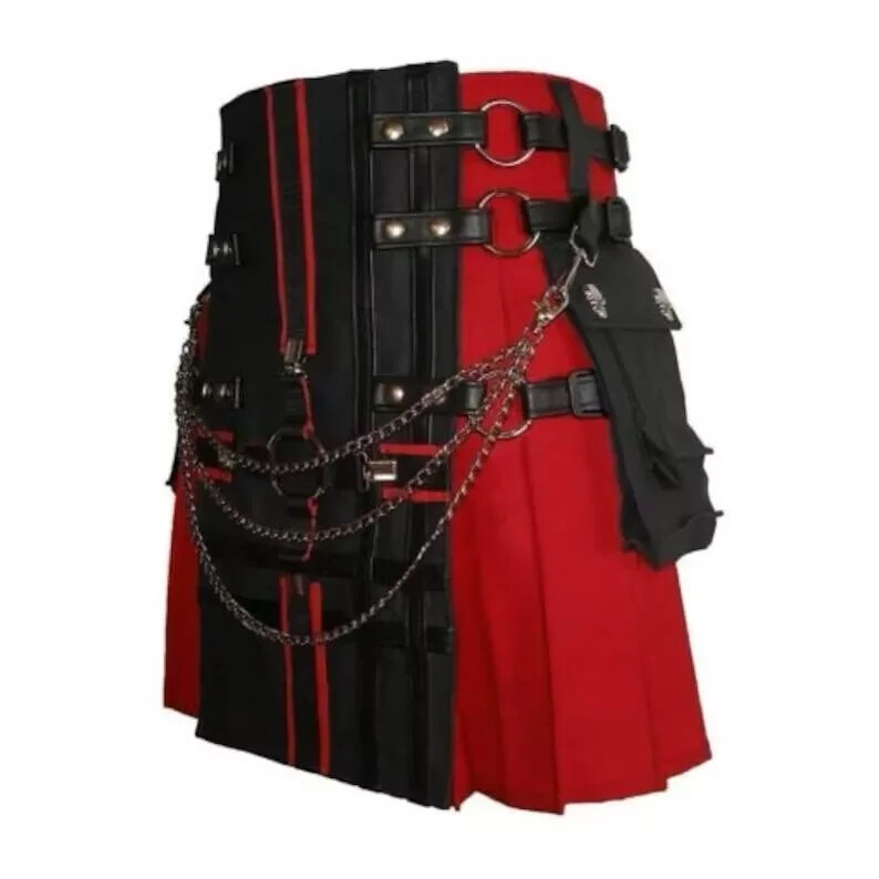 Men’s Hybrid Black & Red Fashion Gothic Kilt With Antique Chain Wedding Utility