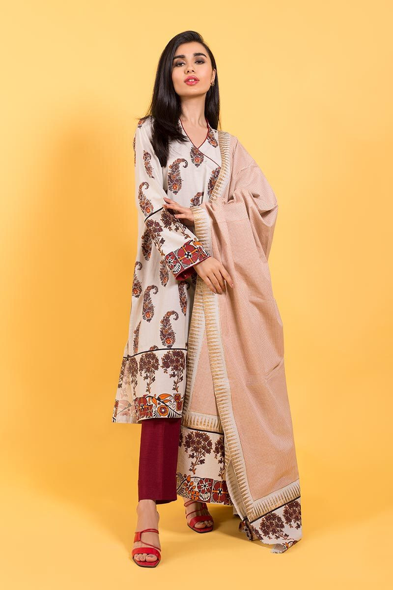 NWT GUL AHMED Size S Screen Printed Angrakha Style Lawn Kurti Dupatta Pakistani