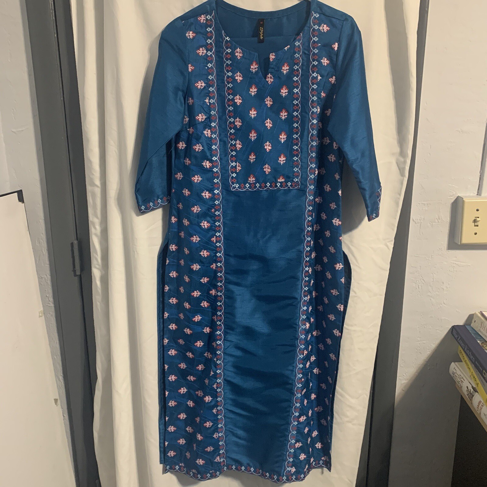 Blue Churidar / Salwar Kameez with White and Red Print work. Size M