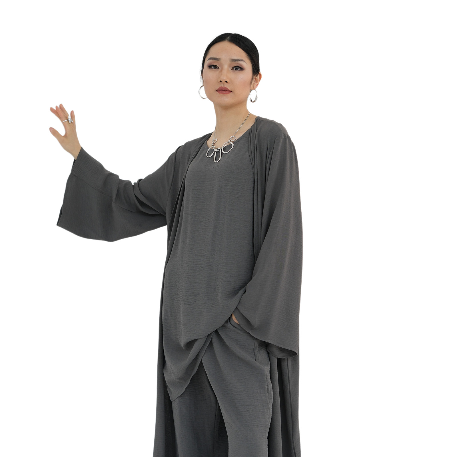 3pcs Muslim Women Open Abaya Cardigan+Top Blouse+Long Pants Sets Islamic Outfits