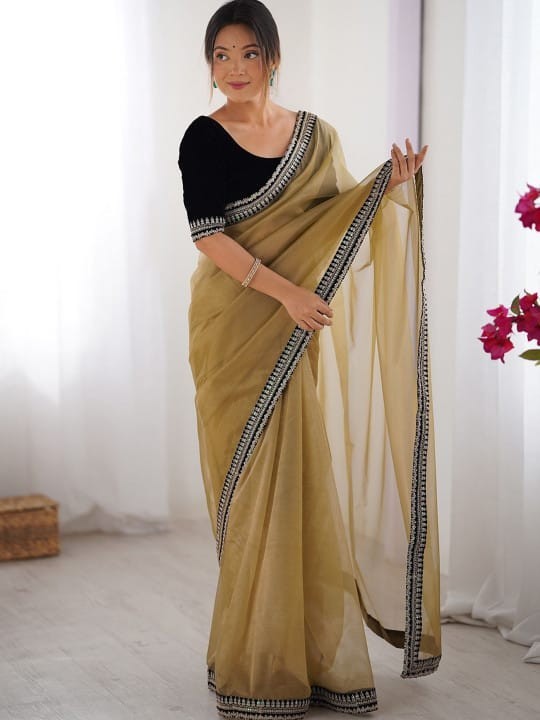 Designer Fancy Latest Stylish Twill Net Black Color Codding Sequence Border Sari