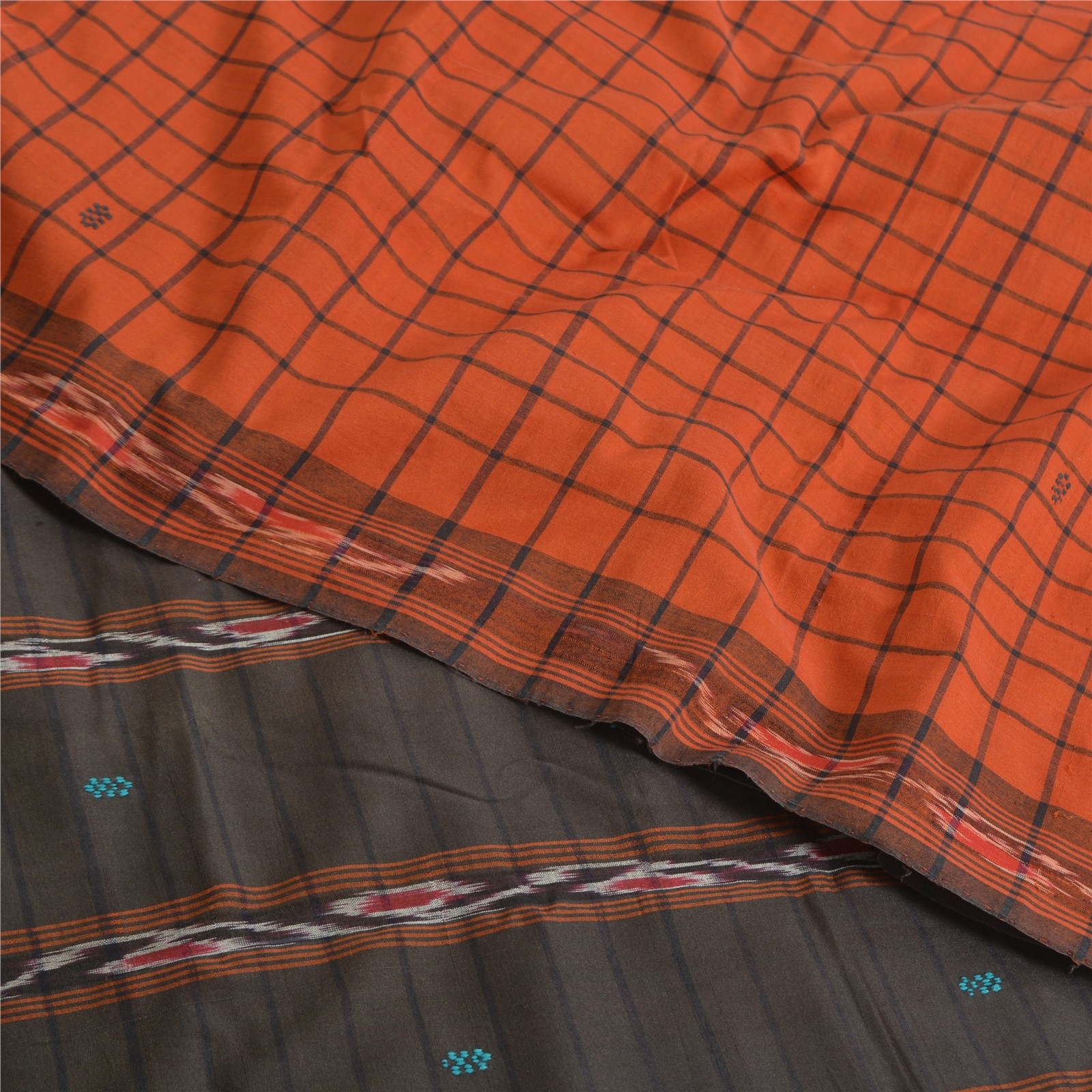 Sanskriti Vintage Rare Saree Ikat Handwoven Blend Cotton Orange Sari 5Yd Fabric