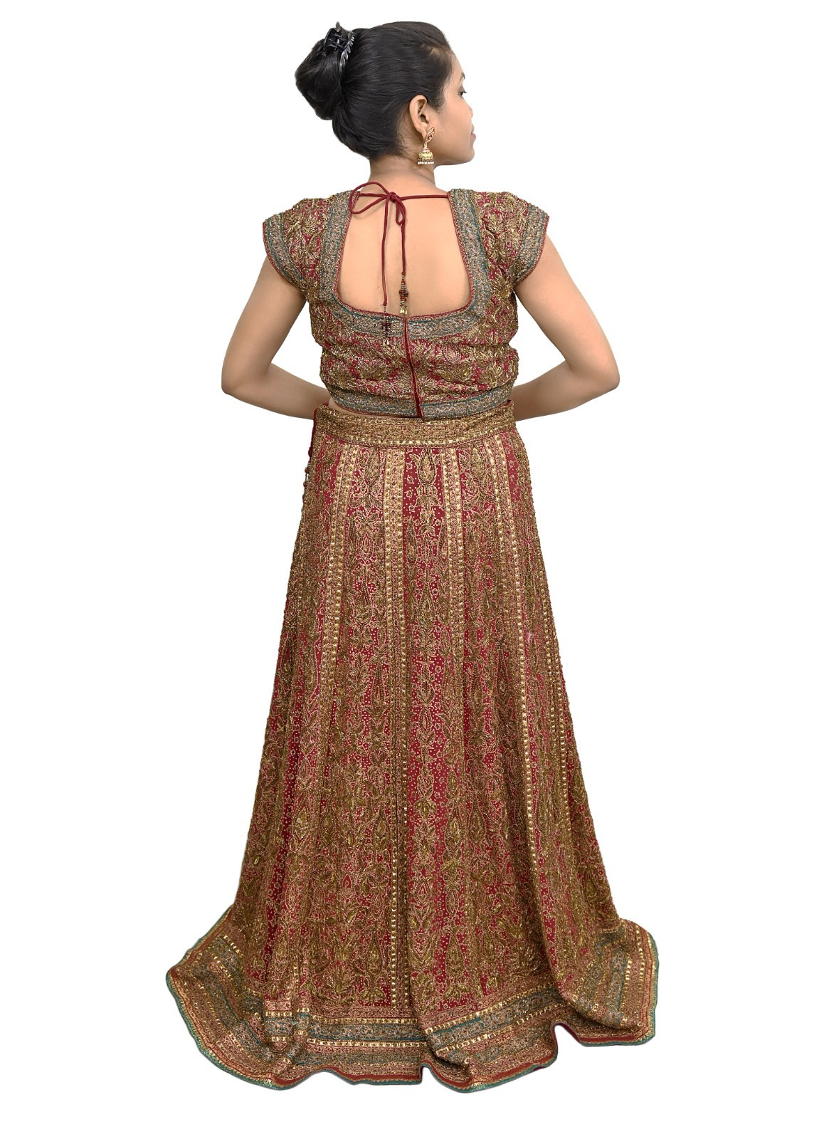 Pre-owned Maroon Pure Silk Hand Embroidered Ritu Kumar Designer Lehenga 3pcs set