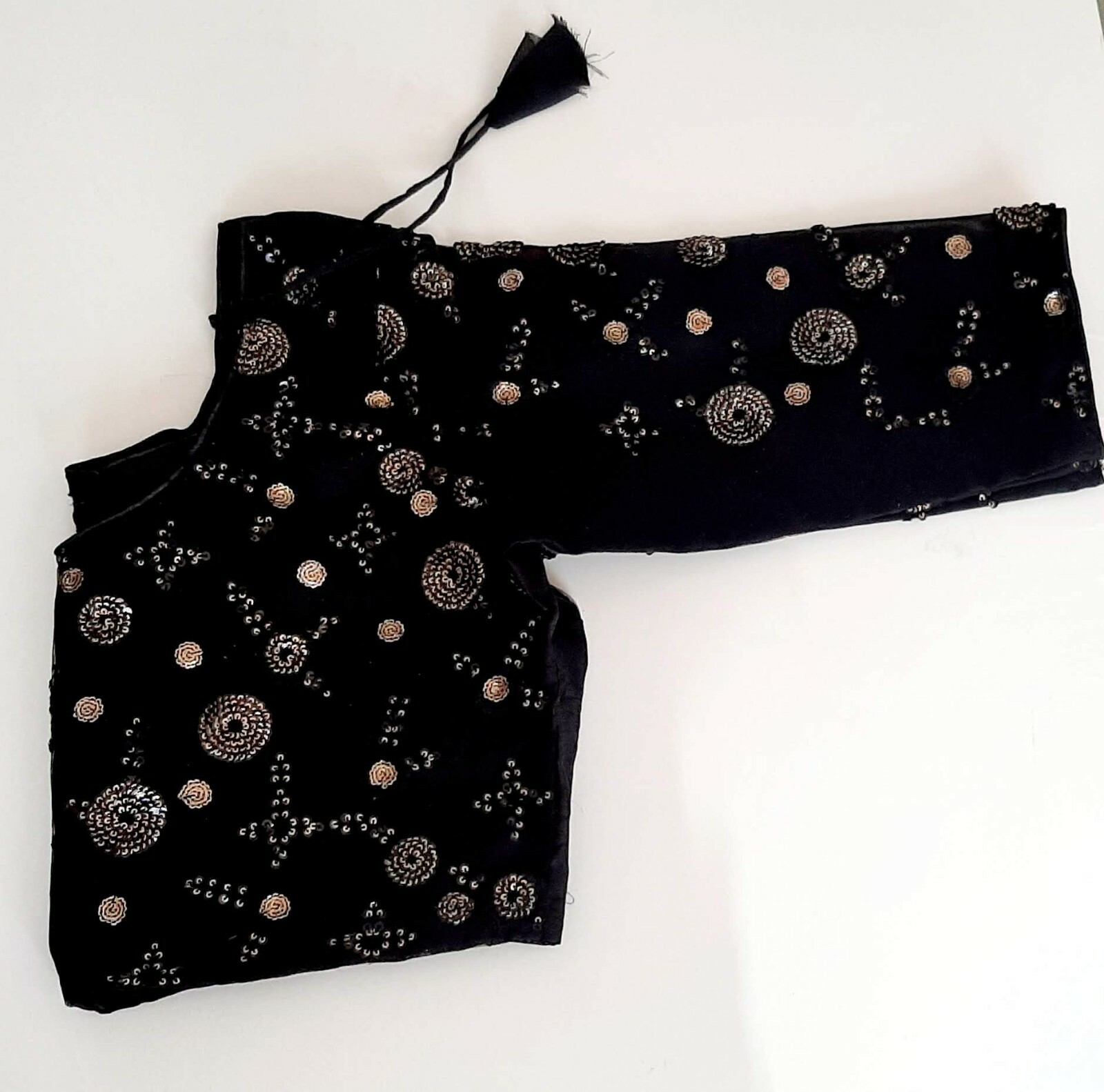 New Black Sequin Ready Made Stitches Brocade Saree Blouse Ready to Wear.