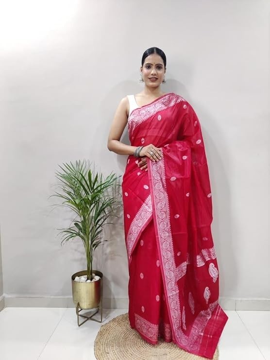 Women Kanjivaram Kanchipuram Soft Cotton Linen Silk Saree with Blouse Piece