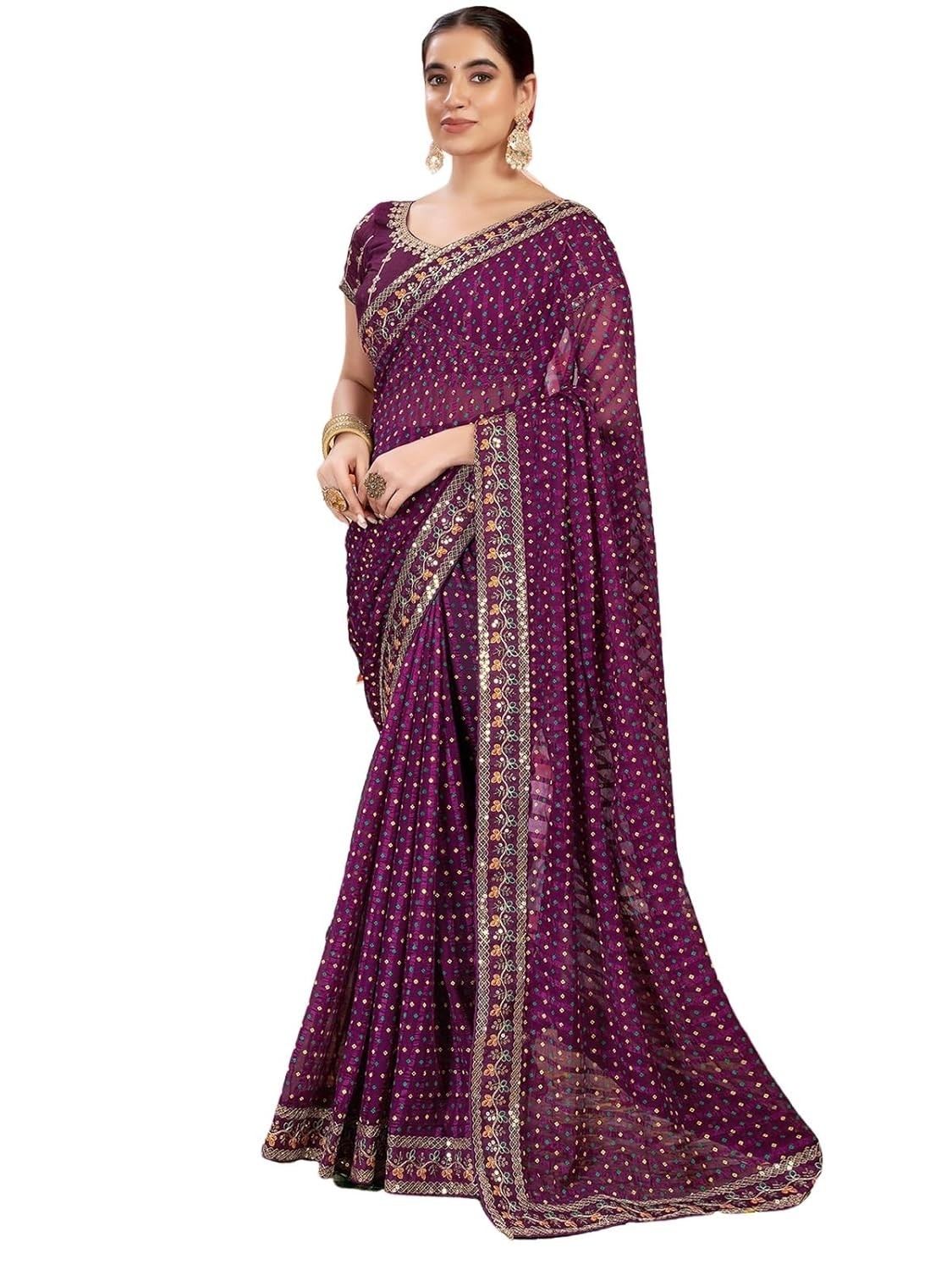 Women’s Chiffon Sequin Embroidery Lace & Bandhani Printed Saree with Blouse