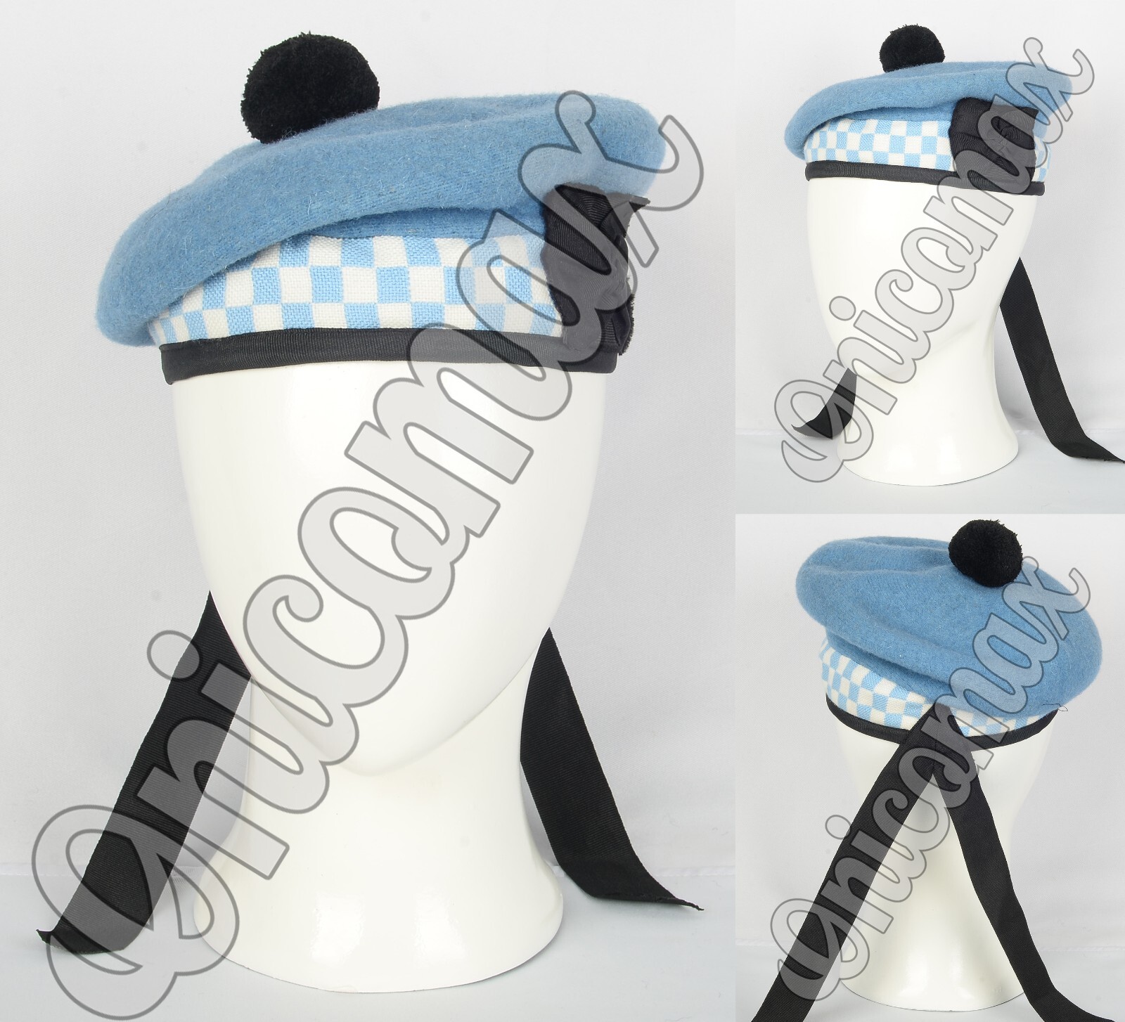 Scottish Balmoral Sky Blue Wool Military Diced Bonnet Hat Highlander Kilt Cap