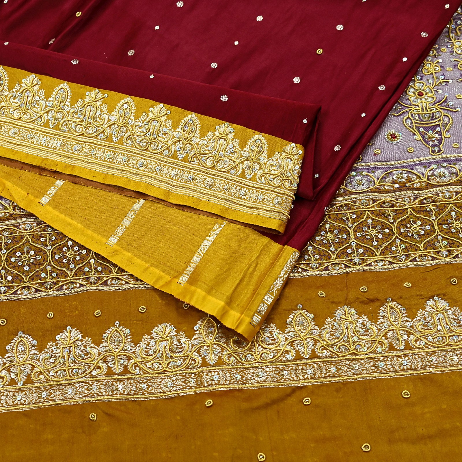 Vintage Heavy Saree Pure Satin Silk Hand Embroidered Banarsi Brocade Sari Dabka