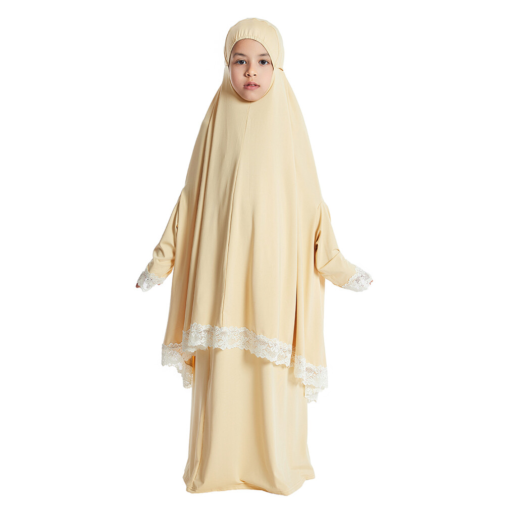 Two Piece Girls Kids Overhead Khimar Hijab Skirt Set Muslim Girls Prayer Dress