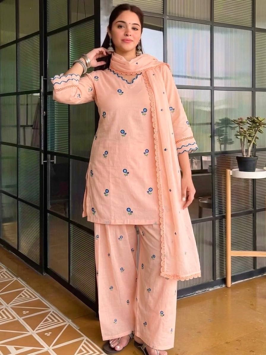 Women’s Peach Satin Mul Chanderi Readymade Farshi Palazzo Suit with Embroidered