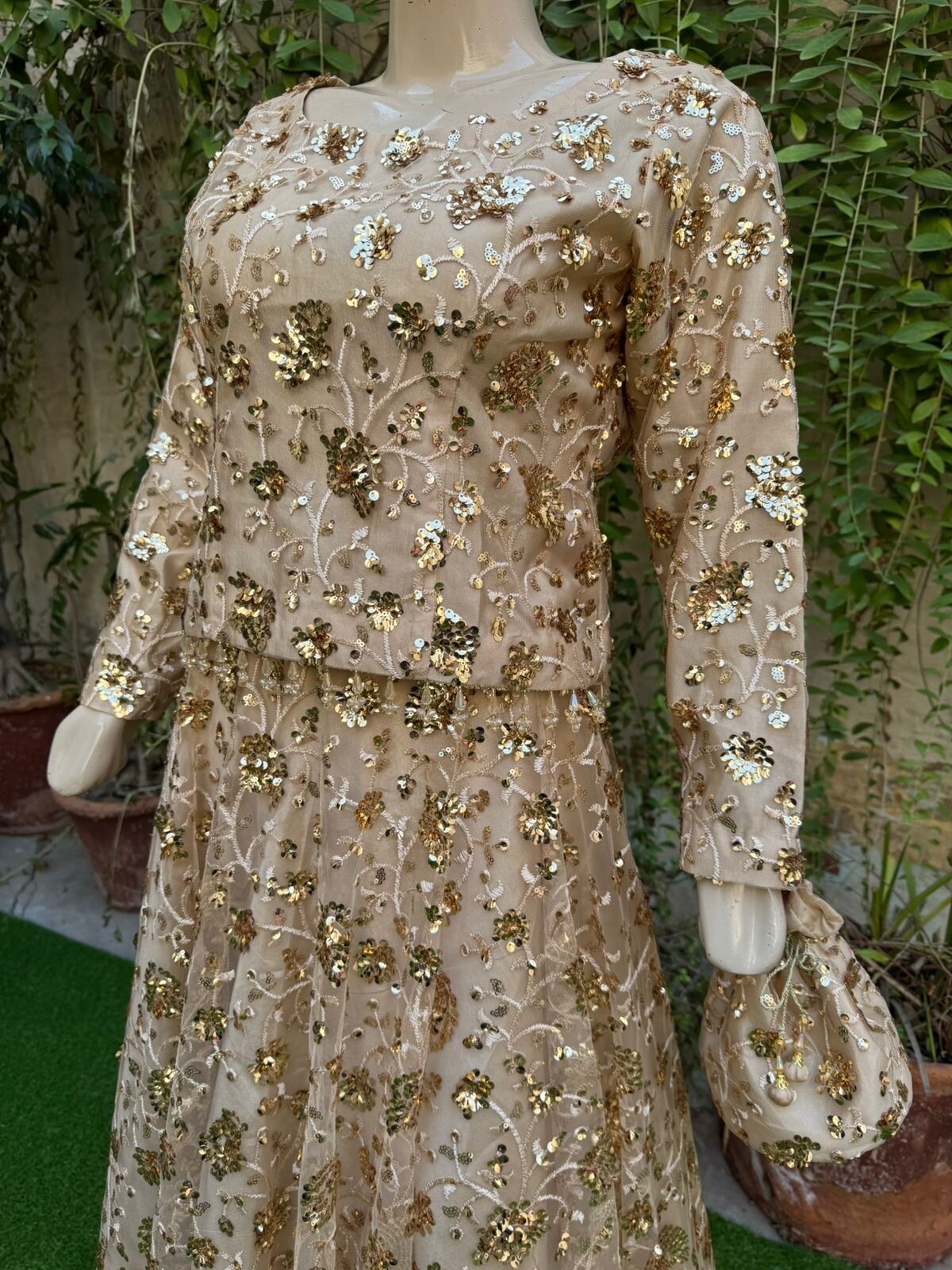 Pakistani Beige Straight Style Embroidered Sequins soft net Lehenga Dress,S