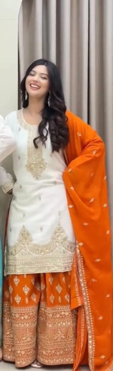 New Designer Pure Chinon Silk White Top Palazzo With Dupatta For Festival Wear