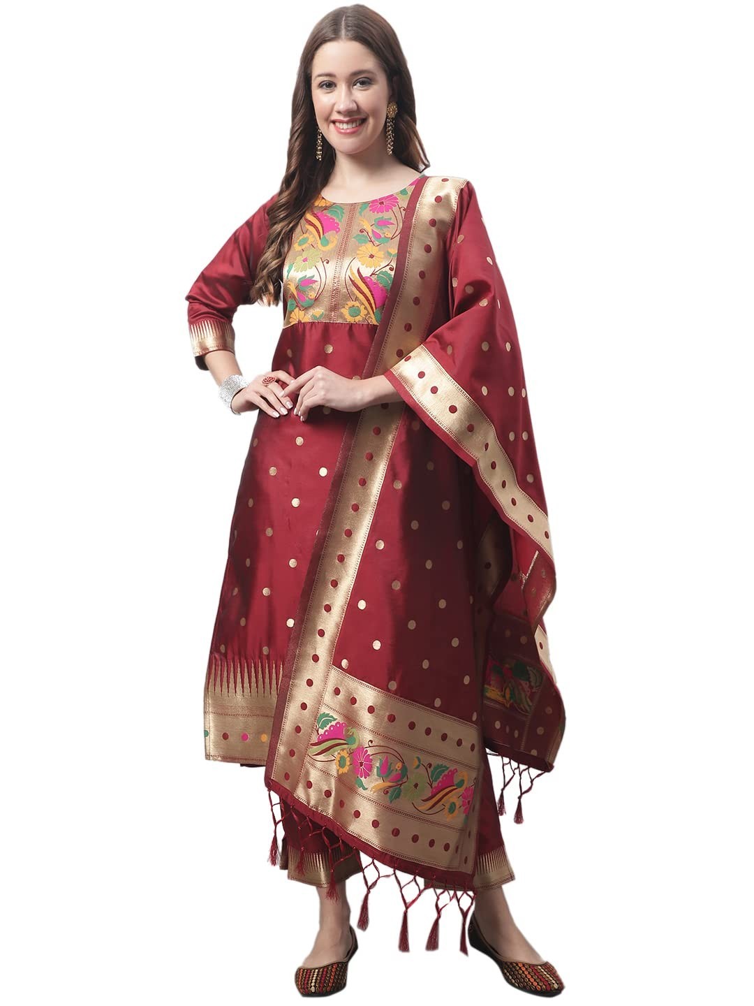 Women’s Cotton Silk Jacquard Straight Kurta with Pant & Banarasi Silk Dupatta