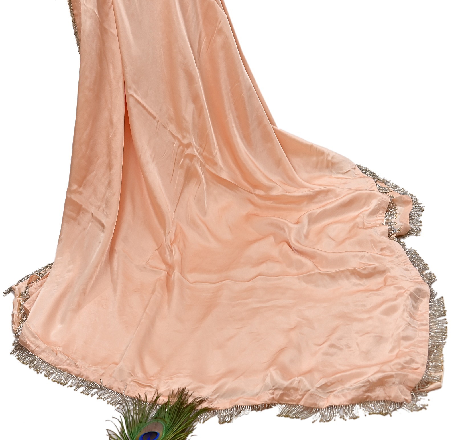 Rare Vintage Peach Pure Satin Silk Saree Hand Embroidered Fabric 5.5 Yards Sari