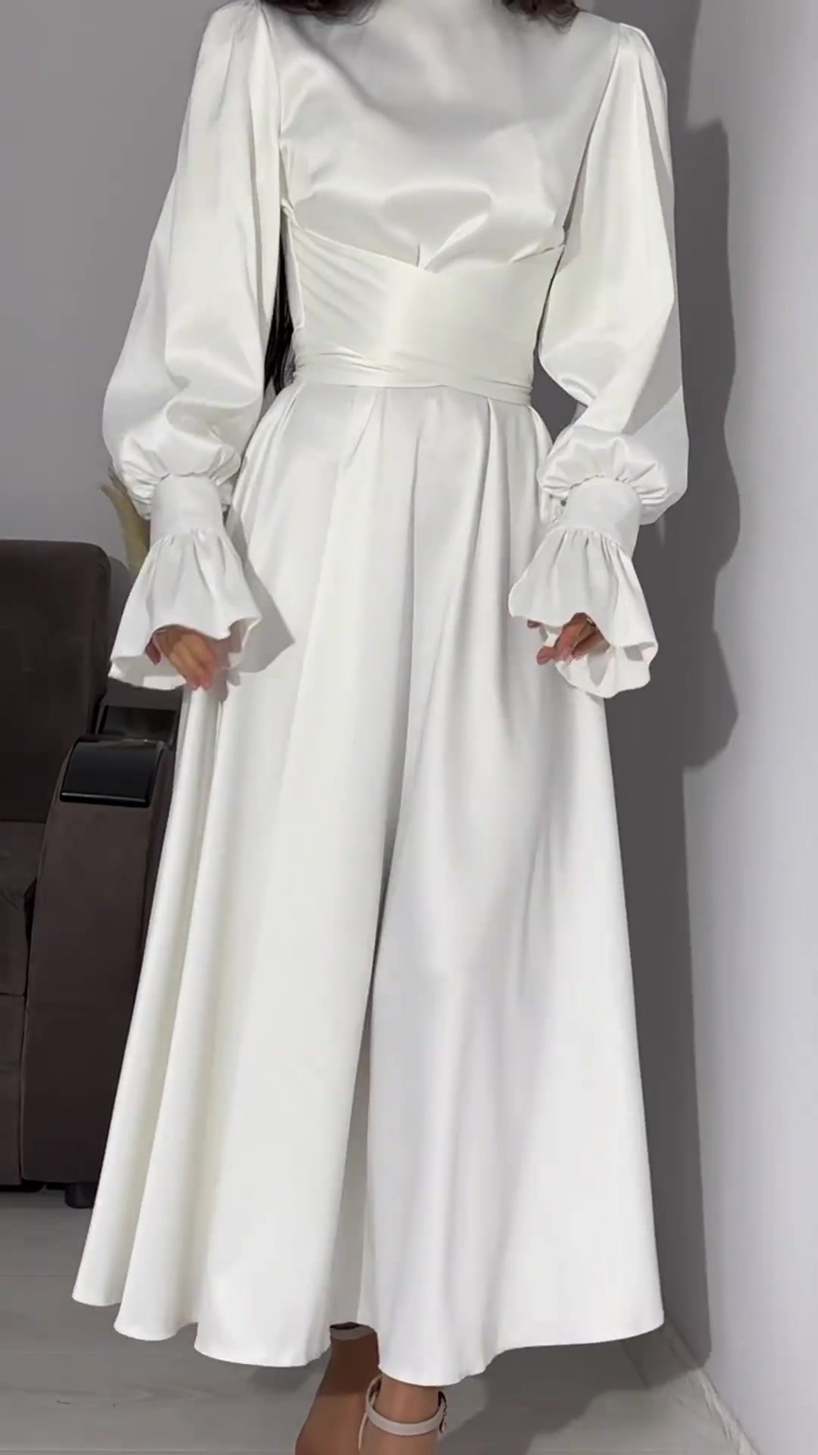 Women Long Dress Lantern Sleeves High Neck Party Plain Color Gown Lace Up Dress