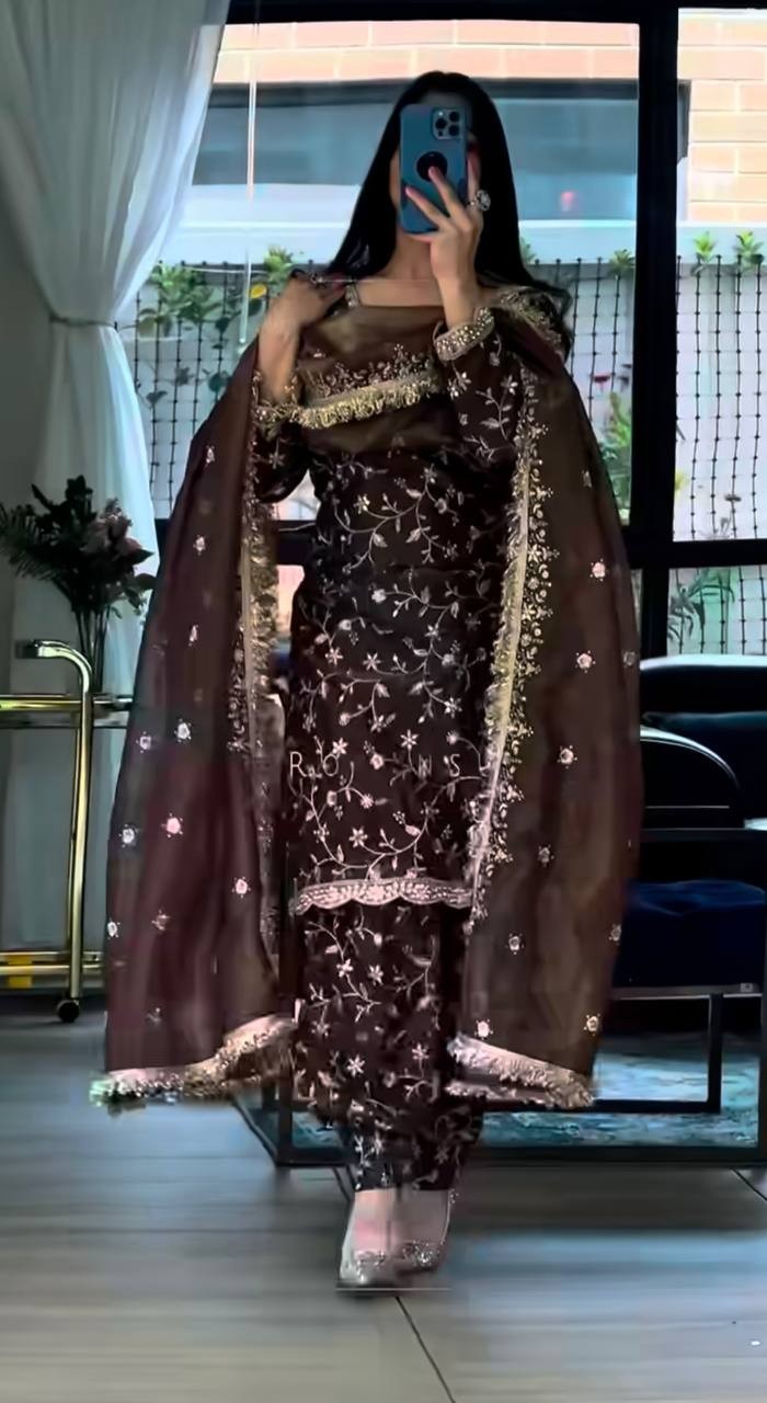 New Launch Pure Silk Brown Farshi Salwar Kameez With Dupatta For Indian Festival