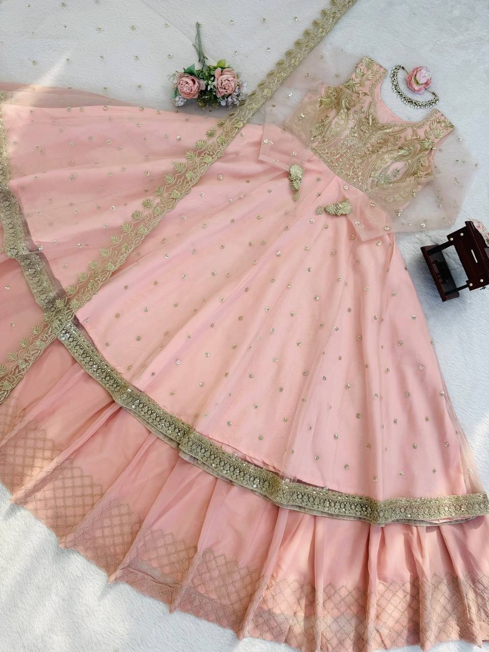 Stunning Faux Georgette Peach Top Lehenga With Dupatta For Wedding & Party Wear