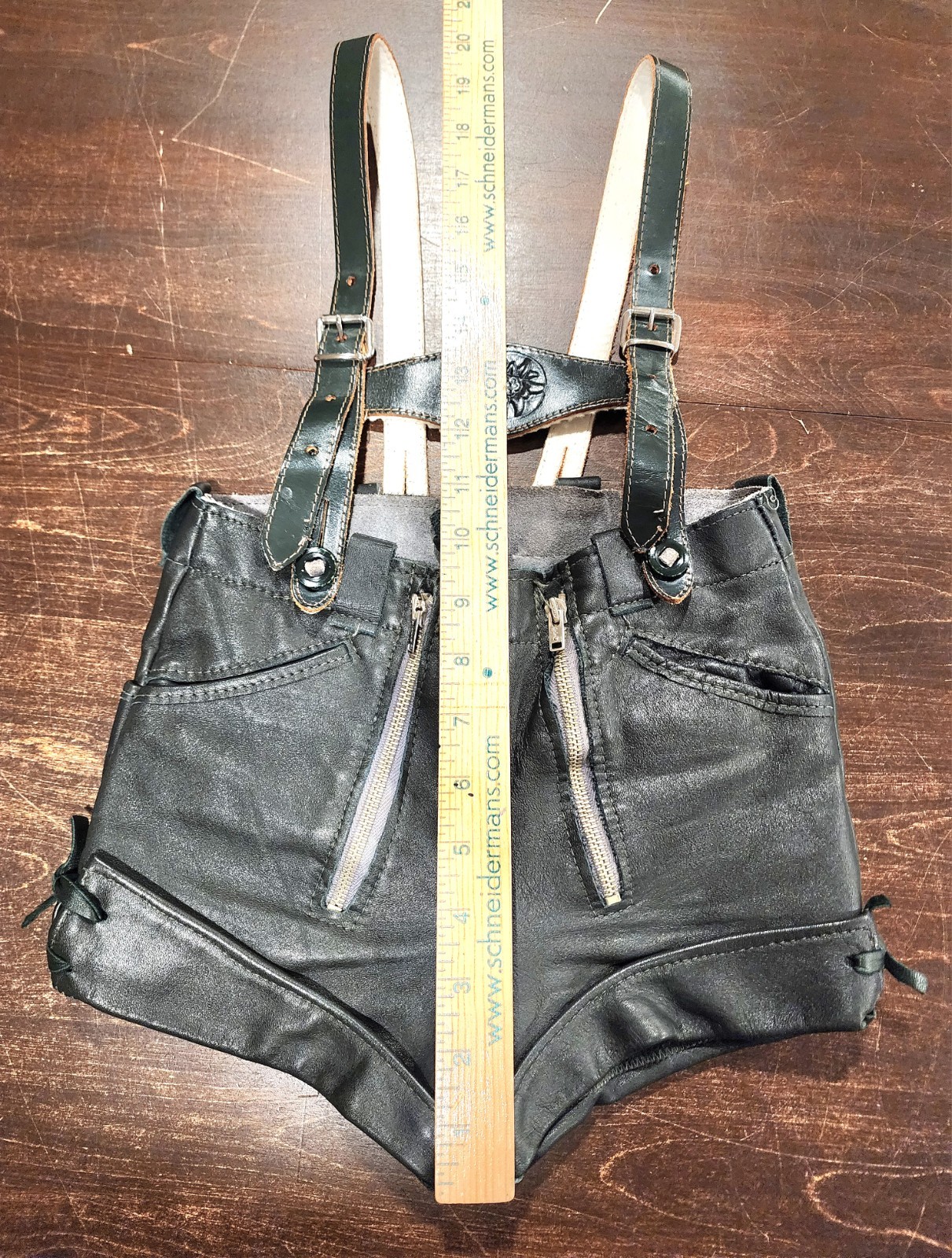 Vintage Children’s German Lederhosen Green Leather Original Suspenders