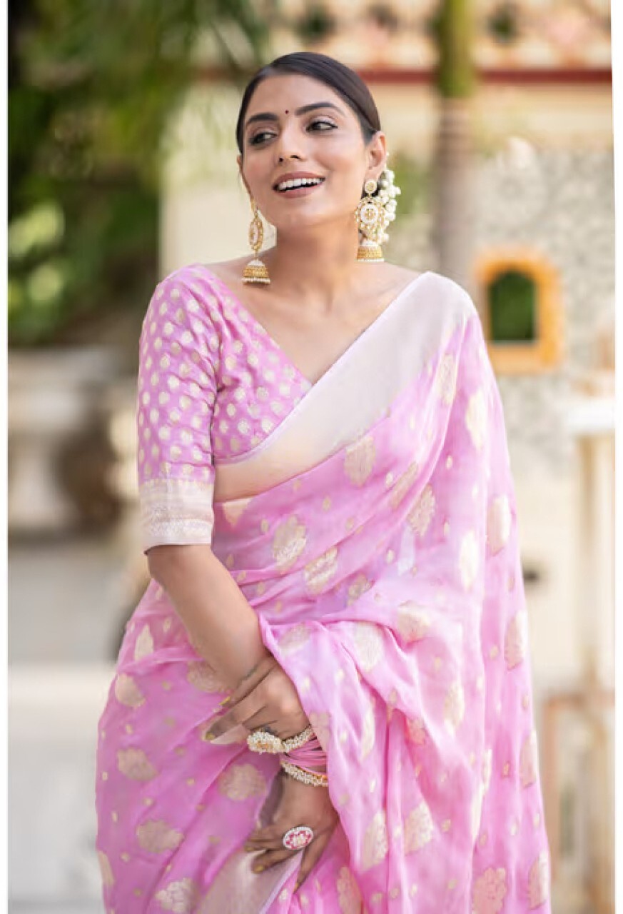 Woven Kanjivaram Pure Silk, Silk Blend Saree (Pink)