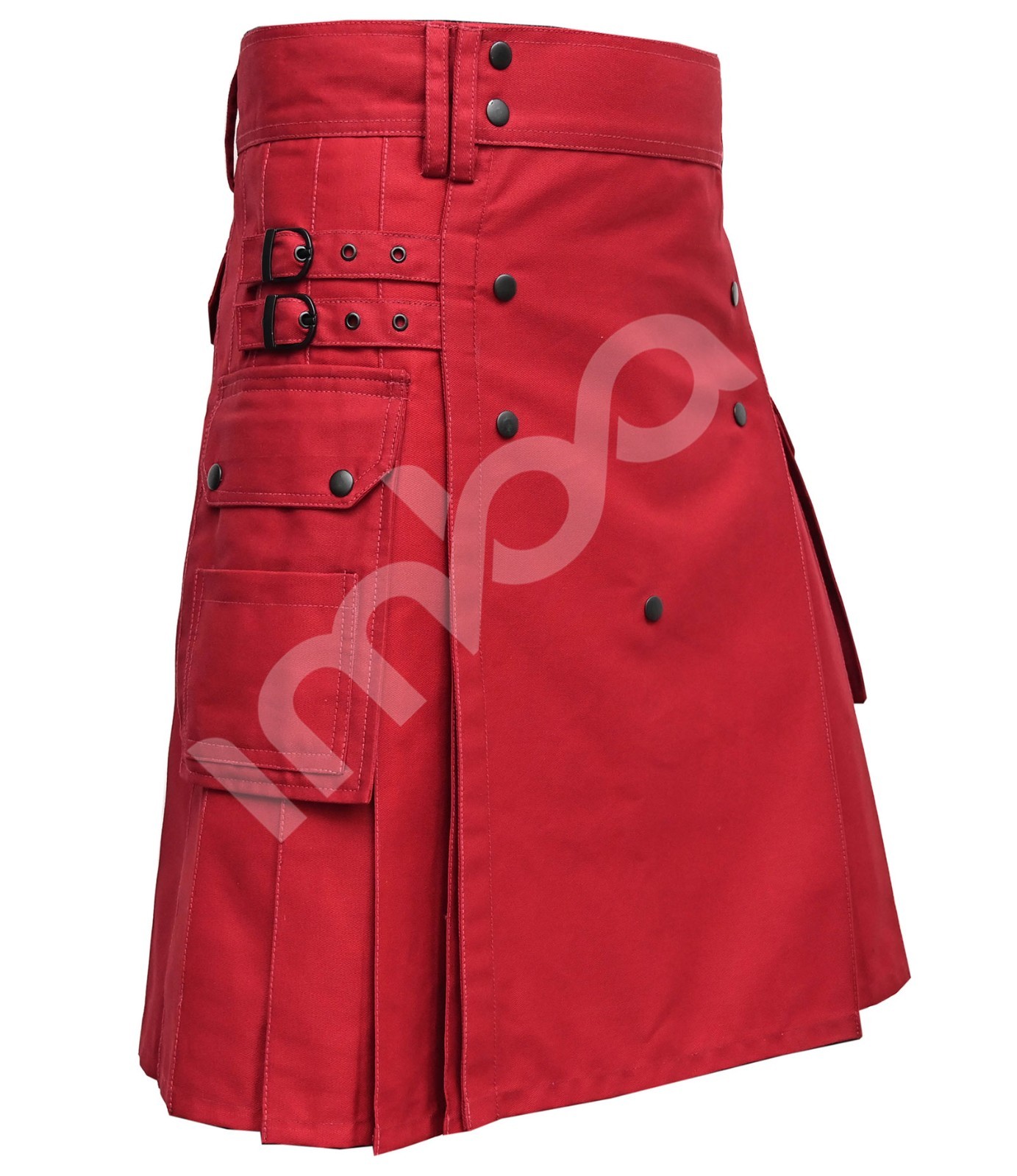 Men’s Red Cotton Utility Kilt Tactical Cargo Pockets Key Hooks Custom Size