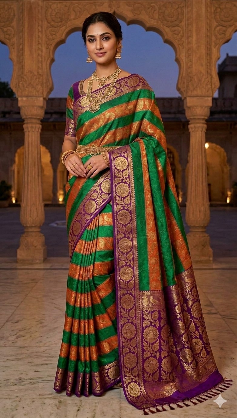 Authentic Pure Silk Dharmavaram Pure Silk Saree Horizontal Panels Green Orange
