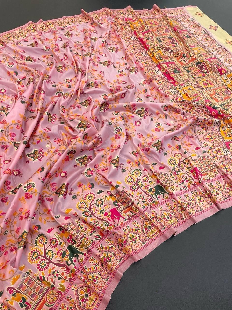 Women’s Baby Pink Kashmiri Pashmina Modal Silk Saree With Blouse Piece