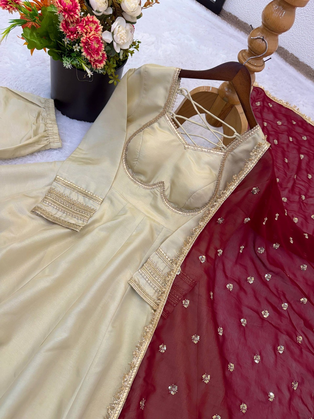 Stunning Cosmos Gold Cream Gown Bottom With Dupatta For Traditional Wear