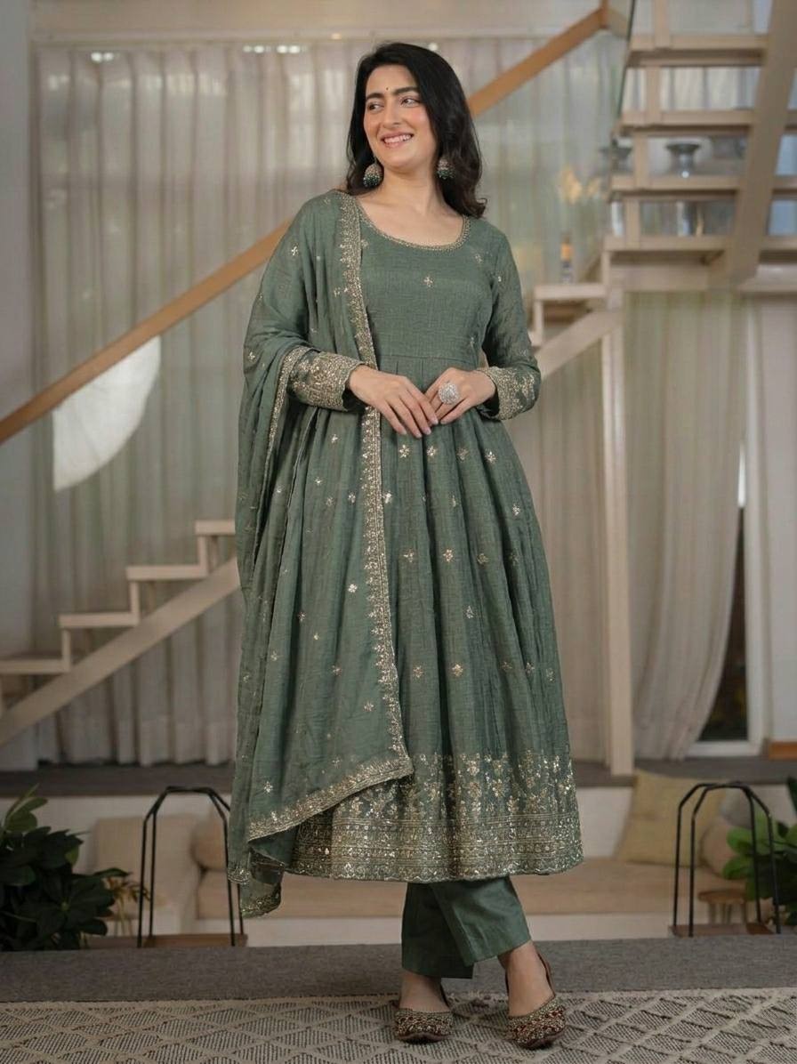 Attractive Designer Crunchy Silk Salwar Kameez With Dupatta For Women