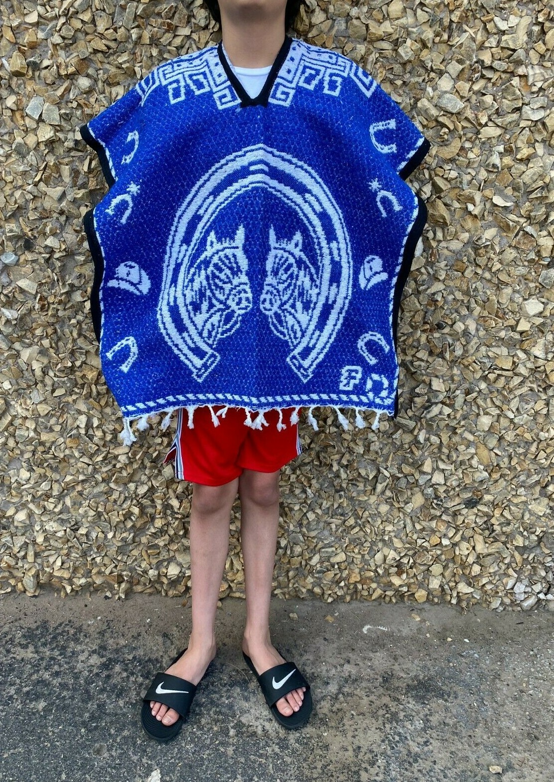 KIDS Poncho, BLUE ,Horses , Costume ,Blanket Sarape Gaban ,Kids Size, (6 – 12)