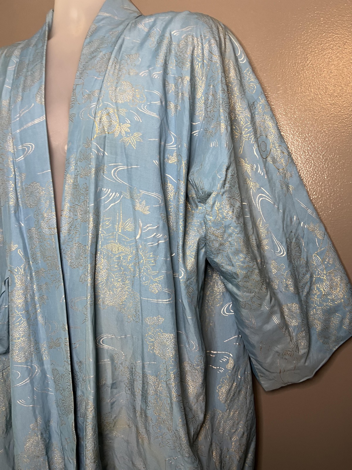 Kimono Robe Womens One Size Blue Gold Floral Print Satin Open Front Long Sleeve